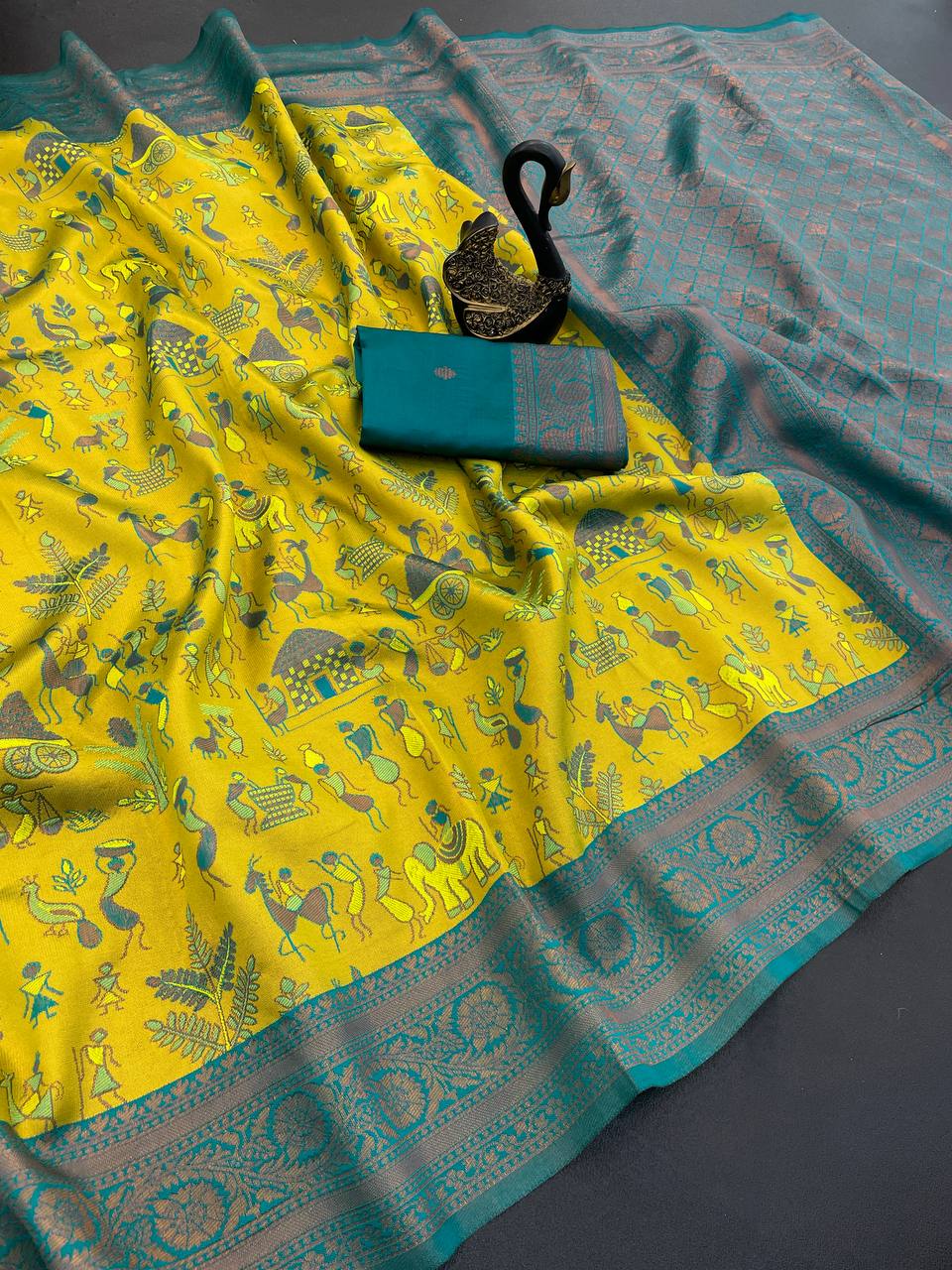 Triple Weaving Zari Tissue Kanchi Saree with Meena Work
