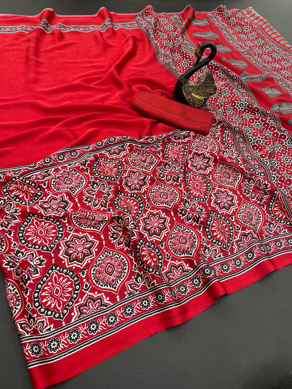 Original Ajrakh Semi Gaji Silk Bandhej Saree