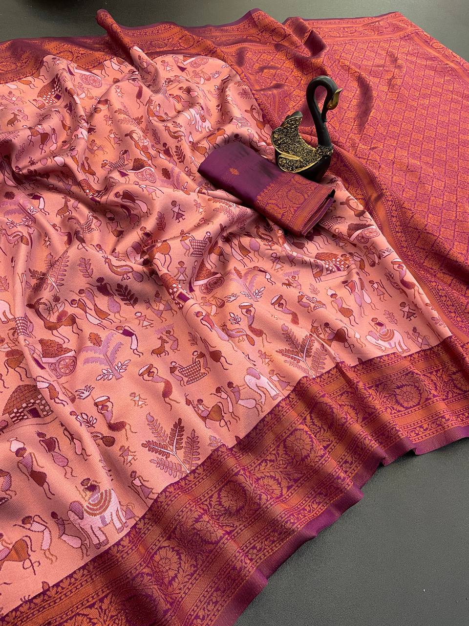 Triple Weaving Zari Tissue Kanchi Saree with Meena Work