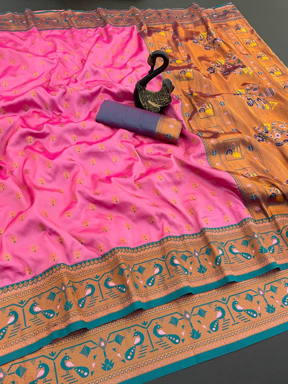 Original Paithani Silk Saree with Copper Zari Meenakari Work