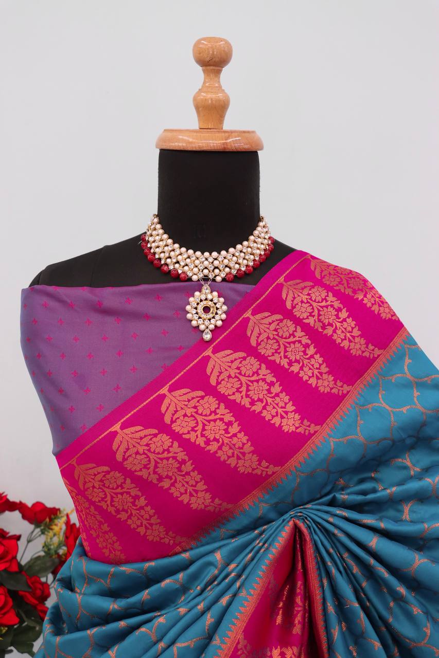 Premium Kanjivaram Soft Silk Saree with Copper Zari Jaal