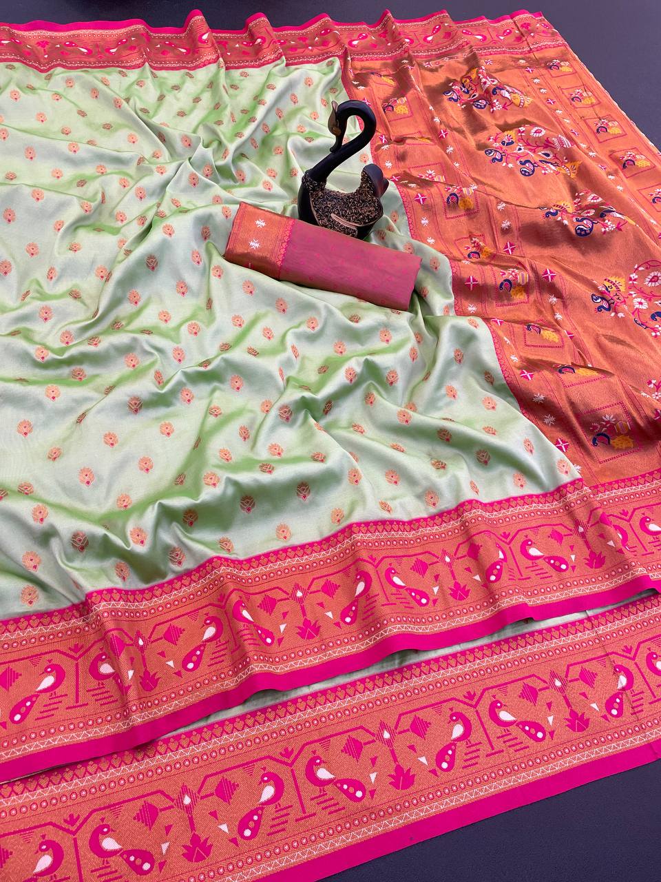 Original Paithani Silk Saree with Copper Zari Meenakari Work