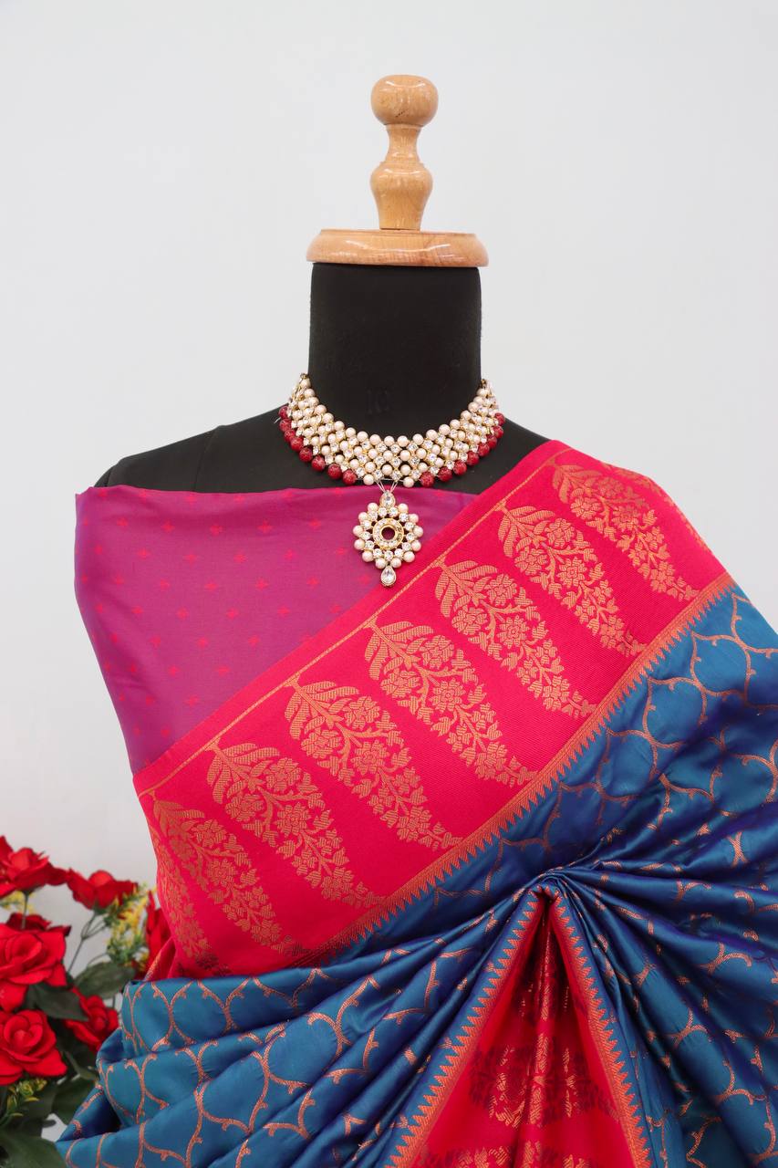 Premium Kanjivaram Soft Silk Saree with Copper Zari Jaal